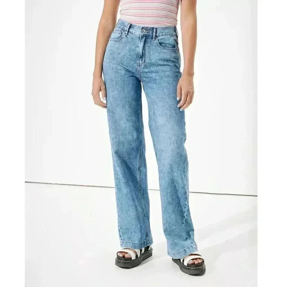 American Eagle Skater Jean Wide Leg Loose Fit Acid Wash Blue Size 0 - Picture 1 of 10